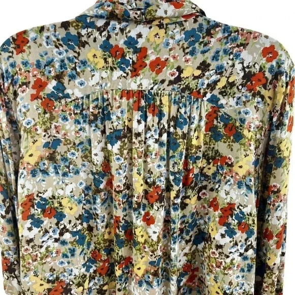 J Jill Women M Wheat Button Down Floral Blouse Fabric Buttons Bell Sleeve Career - Picture 5 of 16